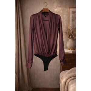 PAIGE Sevilla Bodysuit XS Fig Purple Satin Wrap Long Sleeve NWT Edgy City Chic